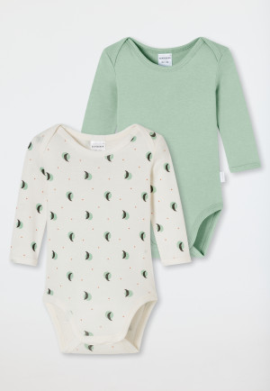 Romper met lange mouwen 2-pack fijne rib streepjes groen crème- Natural Love