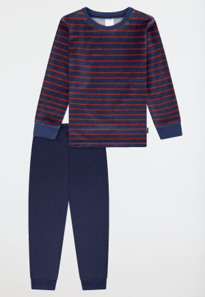 Schlafanzug lang Velour Bündchen Streifen dunkelblau - Boys World