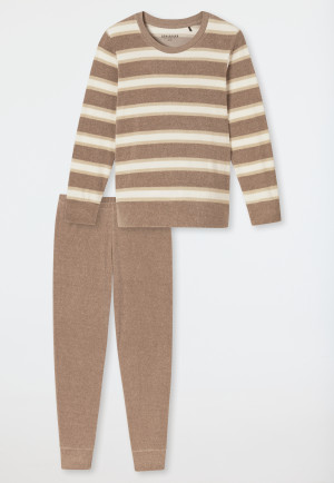 Pyjama lange frottee manchetten gestreept gemêleerd taupe - Casual Essentials