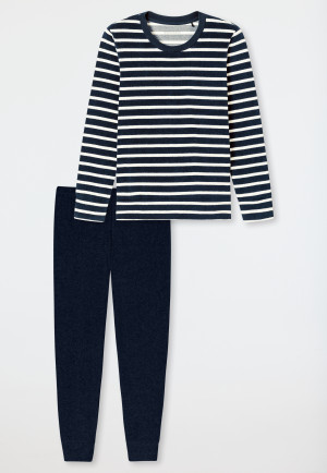 Schlafanzug lang Frottee Bündchen Ringel nachtblau - Casual Essentials