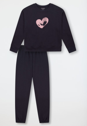 Schlafanzug lang Sweatware Bündchen navy - Nightwear