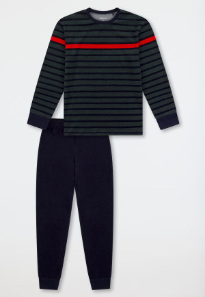Schlafanzug lang Frottee Bündchen dunkelgrün geringelt - Nightwear