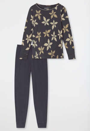 Schlafanzug lang Bündchen Blumen graphit - Comfort Nightwear