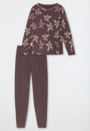 Schlafanzug lang Bündchen Blumen mauve - Comfort Nightwear