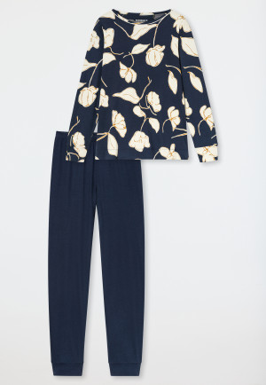Long Pyjamas with Cuffs, Floral Print, Deep Sea Blue - Comfort Nightwear