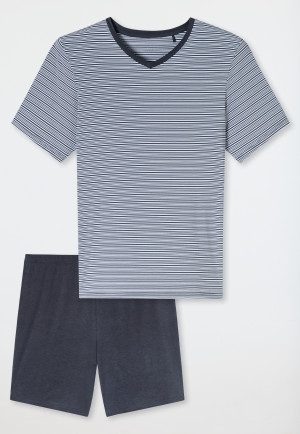 Pyjama korte streepjes v-hals grafiet - Long Life Soft