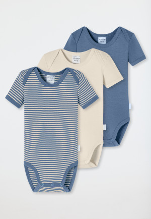 Bodys kurzarm 3er-Pack Feinripp Ringel creme/hellblau - Natural Love