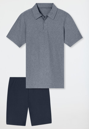Schlafanzug kurz Streifen Hemdkragen nachtblau - Selected Premium Jacquard