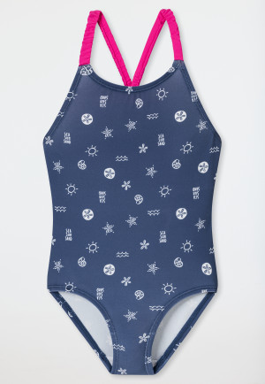 Badpak gebreide stof SPF40+ strepen donkerblauw - Aqua