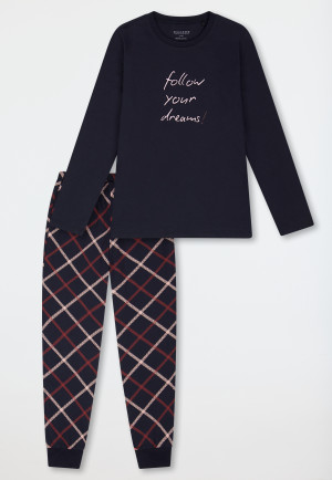 Schlafanzug lang Bündchen Karo nachtblau - Teens Nightwear