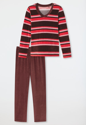 Schlafanzug lang Velour Ringel burgund - Comfort Nightwear