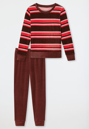 Schlafanzug lang Velour Bündchen Ringel burgund - Comfort Nightwear