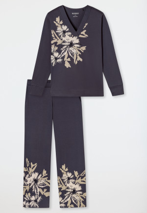 Lange pyjama v-hals bloemen grafiet - Comfort Interlock