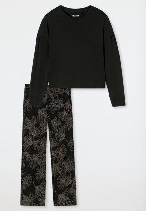 Schlafanzug lang Interlock Ginkgo schwarz - Modern Nightwear