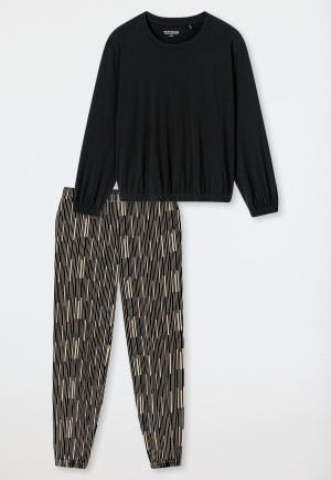 Schlafanzug lang Bündchen schwarz - Modern Nightwear