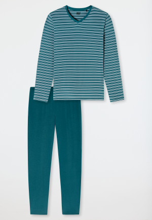Schlafanzug lang V-Ausschnitt Ringel grün - Long Life Soft