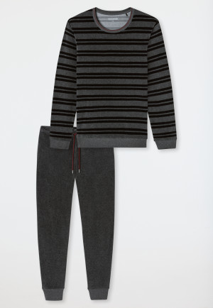 Schlafanzug lang Frottee Bündchen Ringel dunkelgrau meliert - Casual Nightwear