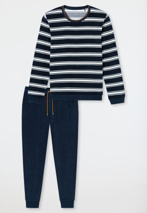Schlafanzug lang Frottee Bündchen Ringel nachtblau - Casual Nightwear