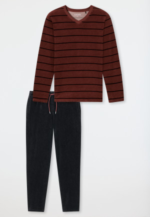 Long pyjamas terry towelling V-neck striping burgundy - Casual Nightwear