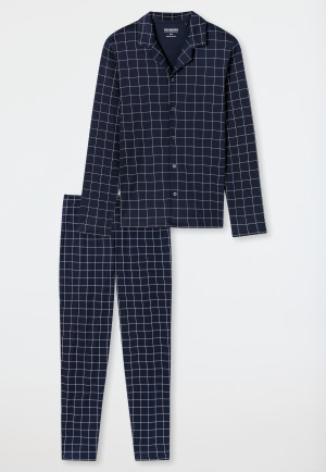 Pyjama long interlock à carreaux bleu nuit - Fine Interlock
