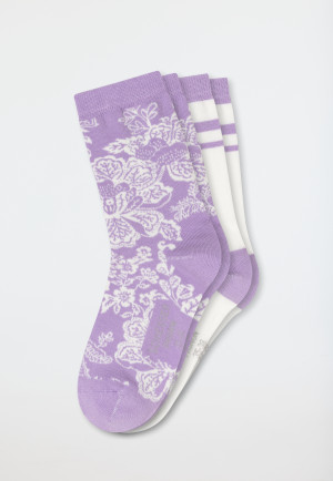 Women's Socks, 2-pack, Floral Stripes, purple/cream - fashion