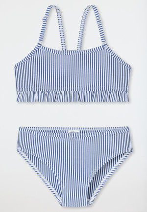 Bikiniset seersucker strepen ruches donkerblauw - aqua