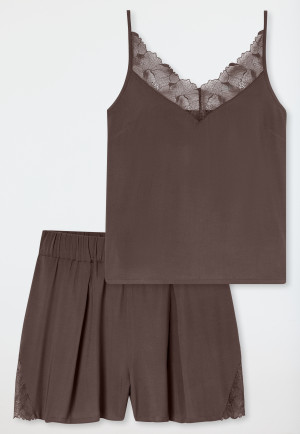 Short Pyjamas with Woven Fabric Lace Straps in Dark Brown - Modern Lace