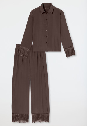 Pigiama lungo in tessuto a trama, con pizzo, marrone scuro - Modern Lace
