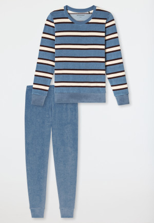 Long Pyjamas in Terry Towelling with Ribbed Cuffs, Stripes, Grey-Blue - Casual Essentials