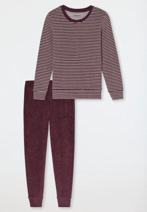 Schlafanzug lang Frottee Bündchen Ringel kakobraun - Casual Essentials
