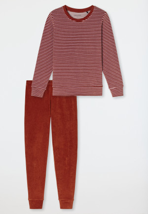Schlafanzug lang Frottee Bündchen Ringel gebrannter Ziegel - Casual Essentials