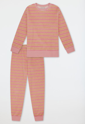Schlafanzug lang Frottee Bündchen Streifen altrosa - Teens Nightwear