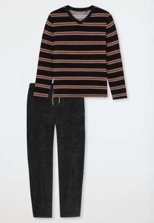 Pyjama long en tissu éponge avec rayures noires - « Casual Nightwear »