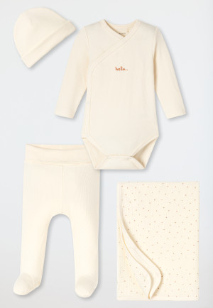 Ensemble pour nouveau-né : body croisé, pantalon, bonnet et écharpe, blanc crème - « Bébé »