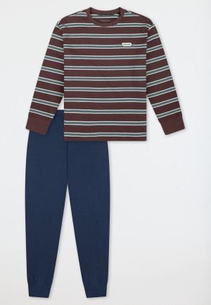 Schlafanzug lang Bündchen Ringel kakaobraun - Nightwear