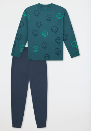 Schlafanzug lang Bündchen Smiley tiefseegrün - Nightwear
