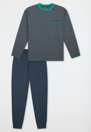 Schlafanzug lang Bündchen Ringel salbei - Nightwear