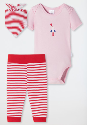 Completo da neonato in 3 pezzi a costine sottili composto da body in cotone biologico, pantaloni e sciarpa, a righe, gabbiano, rosa/rosso - Natural Love