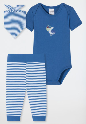 3-piece baby set fine rib organic cotton onesie pants scarf stripes pelican dark blue/white - Natural Love