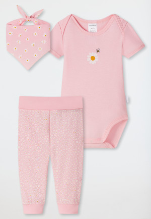 Ensemble bébé 3 pièces en coton bio côtelé body pantalon à manches courtes foulard fleurs rose - Natural Love