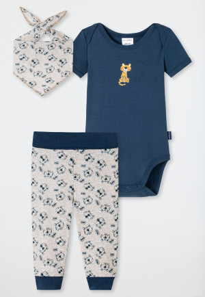 Baby Set 3-teilig Feinripp Organic Cotton Kurzarmbody Hose Halstuch Tiger dunkelblau/grau - Natural Love