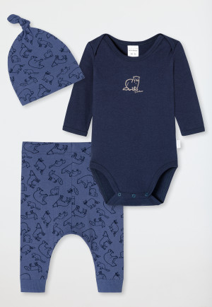 Baby Set 3-teilig Feinripp Organic Cotton Langarmbody Hose Mütze Waldtiere dunkelblau/blau - Natural Love