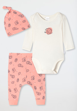 Ensemble bébé 3 pièces coton bio côtelé body à manches longues pantalon bonnet animaux de la forêt pêche/blanc - Natural Love