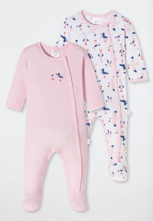 Babypakjes lang met voetjes 2-pack fijn geribbeld biologisch katoen meeuwen wit/roze - Natural Love