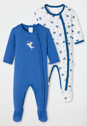 Babypakjes lang met voetjes 2-pack fijn geribbeld biologisch katoen pelikanen wit/donkerblauw - Natural Love