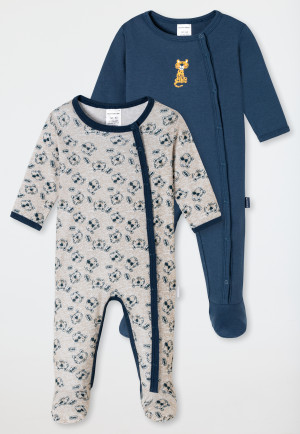 Baby onesies long with feet 2-pack fine rib organic cotton tiger dark blue/gray - Natural Love