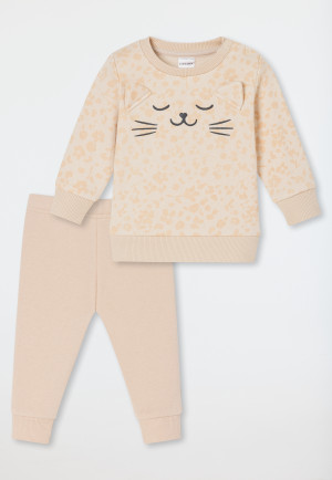 Babyanzug lang 2-teilig Sweatware Katze sand - Baby