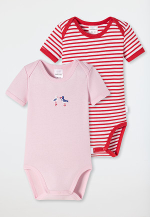 Baby onesies short-sleeved 2-pack fine rib organic cotton stripes seagulls red/pink - Natural Love