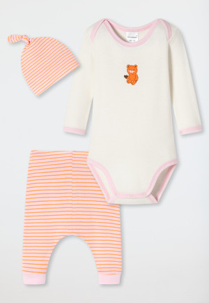 Set da neonato in 3 pezzi, realizzato in cotone biologico a costine sottili, con body a maniche lunghe, pantaloni, berretto, motivo di orsetti, a righe, multicolore - Natural Love