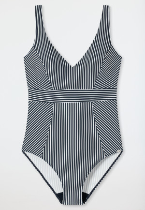 Costume da bagno intero con scollo a V e coppe morbide, a righe, blu scuro - Ocean Dive